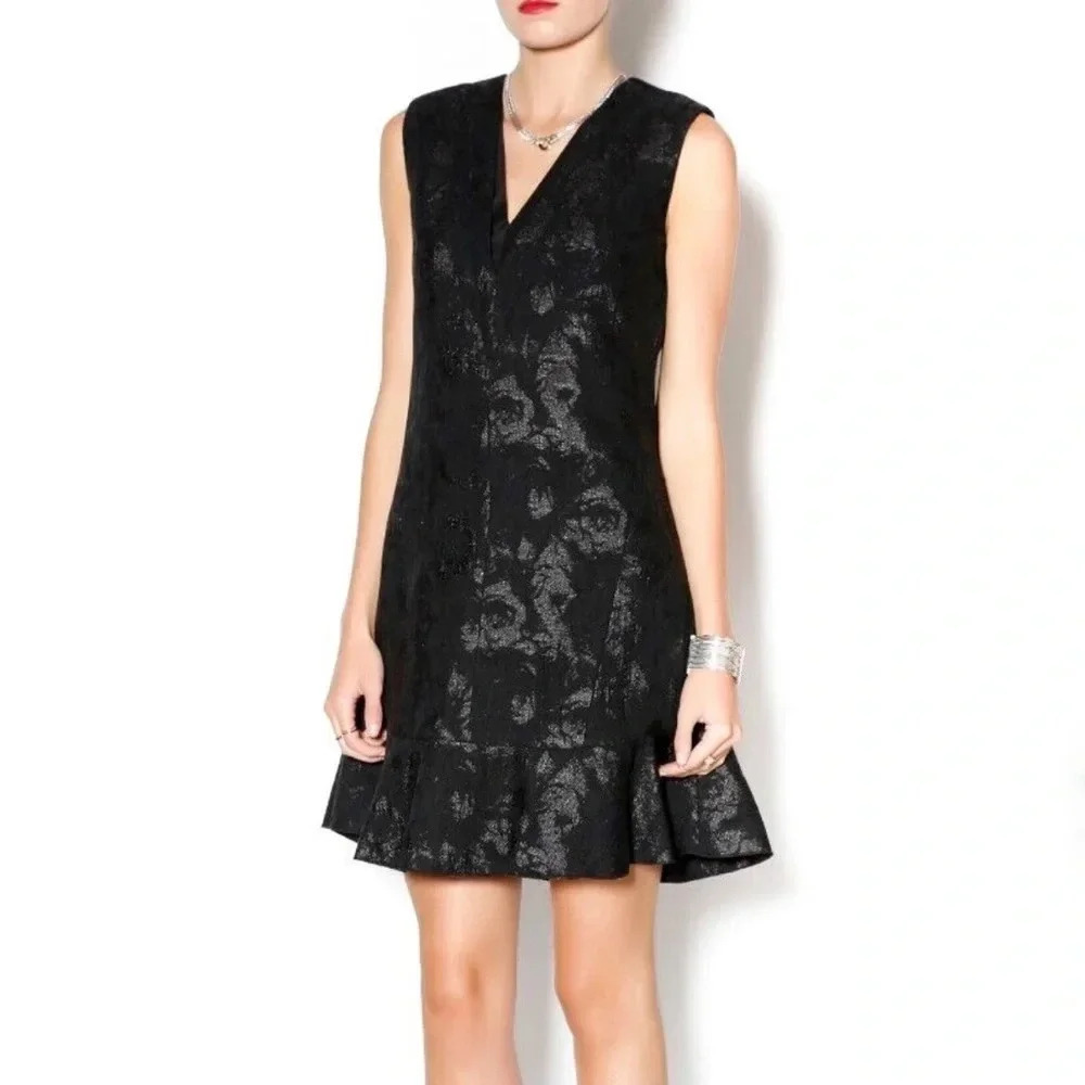 Rebecca Taylor Black Floral Jacquard Dress Size 6 Black Tie Chic Party